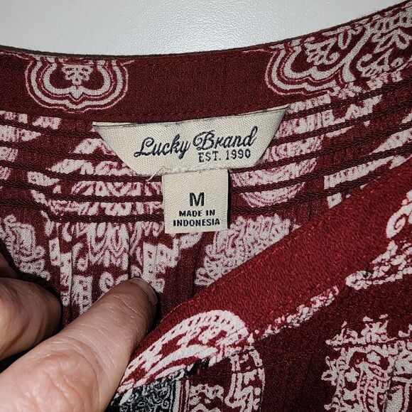 Lucky Brand Womens M Burgundy BOHO Paisley Print Chiffon Blouse Top Hippie Flowy - Picture 5 of 16